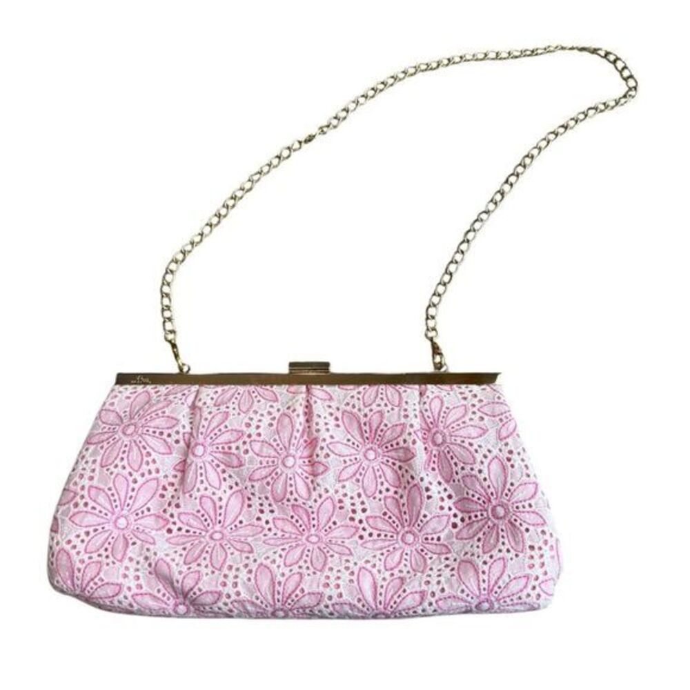 Lilly Pulitzer Embroidered Floral Shoulder Bag Clutch Pink White Purse Preppy
